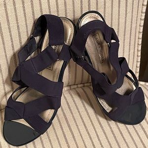 Navy blue wedge stretch strap sandals size 6.5